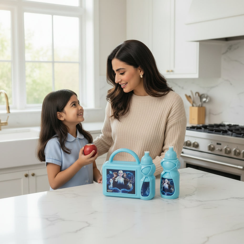 Pakistani mother preparing school lunch using a premium Elsa kids lunch box and matching water bottle set by LunchNSip before school.