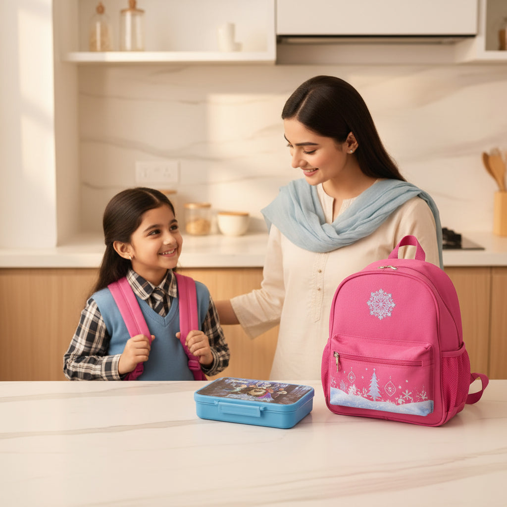Pakistani mother packing school lunch in a premium Frozen 4 compartment kids lunch box with centered sauce section by LunchNSip before school.