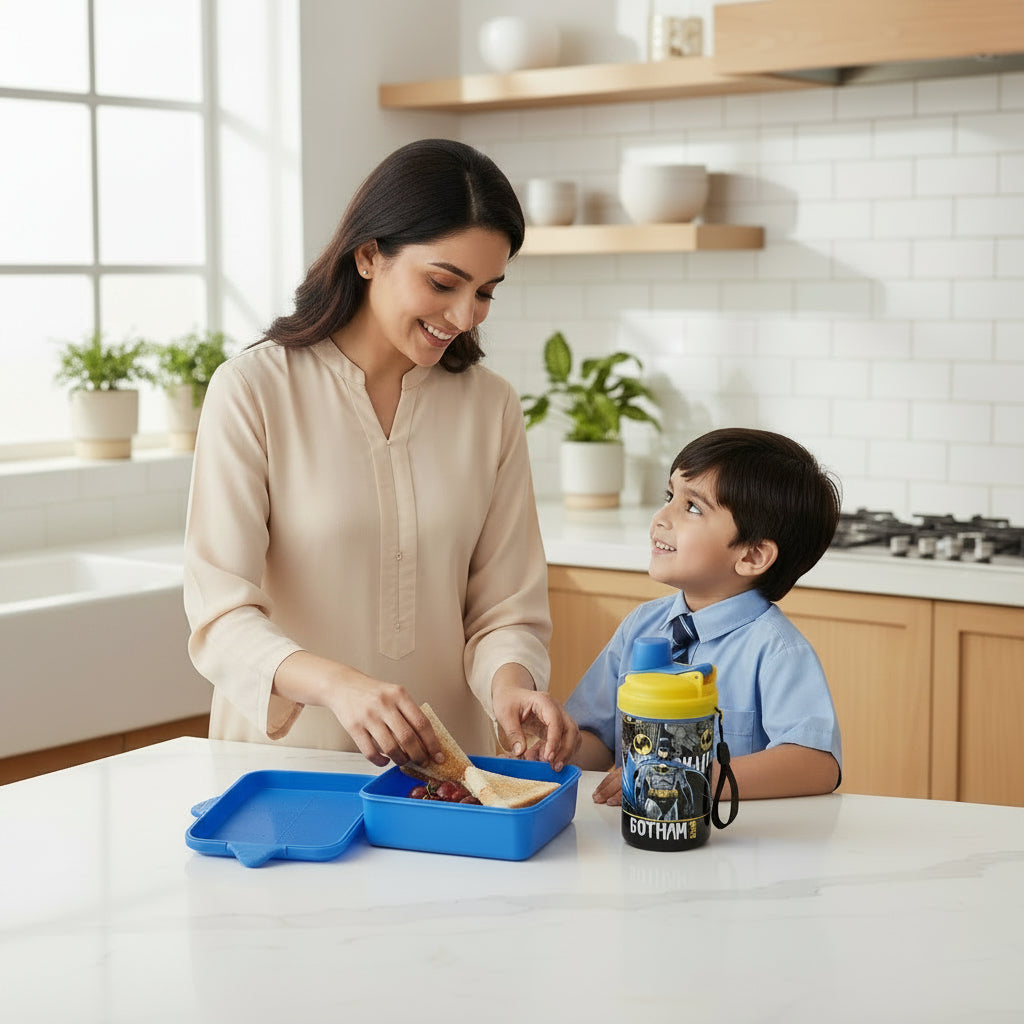 Pakistani mother preparing school lunch using a premium Gotham Hero kids lunch box and matching water bottle set by LunchNSip before school.