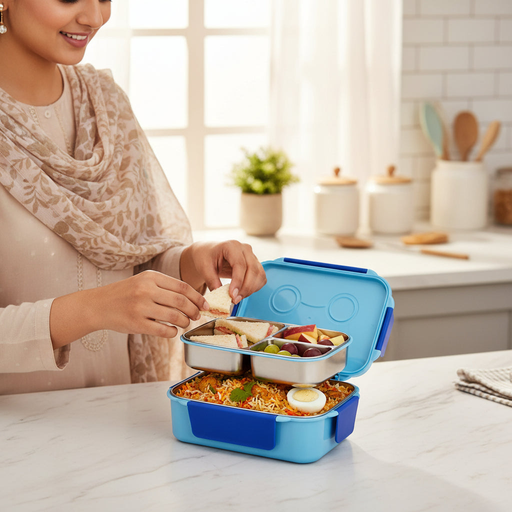 Pakistani mother packing school lunch in a premium Moyo double decker 3 compartment kids lunch box by LunchNSip before school.