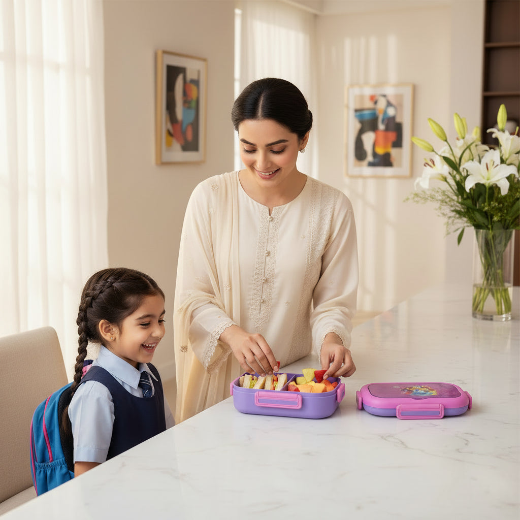 Pakistani mother packing school lunch in a premium Princess Girls 2 compartment kids lunch box by LunchNSip before school.