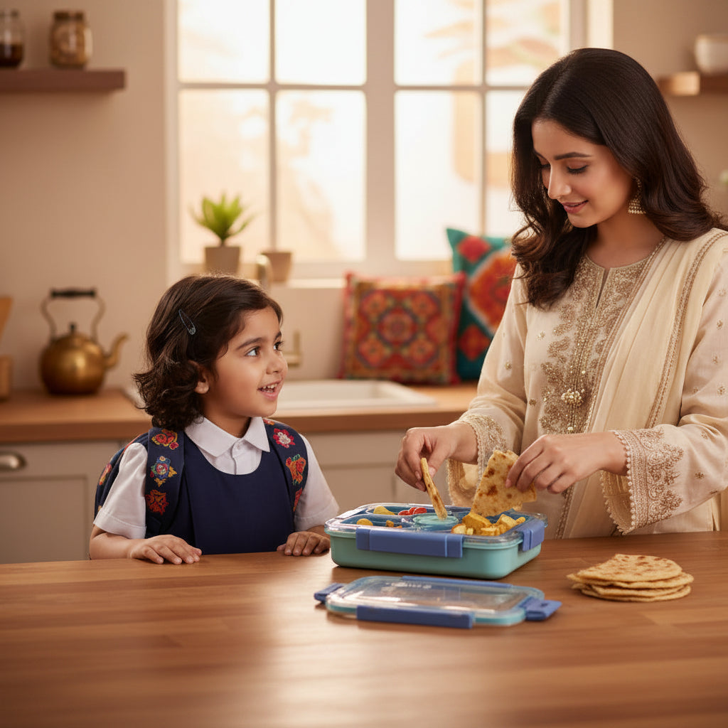 Pakistani mother packing school lunch in a premium stainless steel 3 compartment kids lunch box by LunchNSip before school.