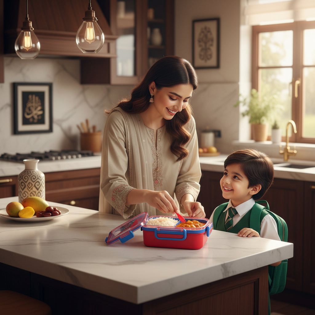 Pakistani mother packing school lunch in a premium Spider-Man 3 compartment kids lunch box by LunchNSip before school.