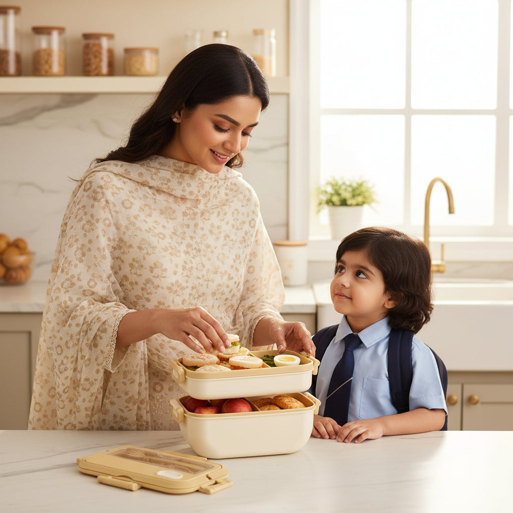 Pakistani mother packing school lunch in a premium Tavro 1500ML double decker 4 compartment kids lunch box by LunchNSip before school.