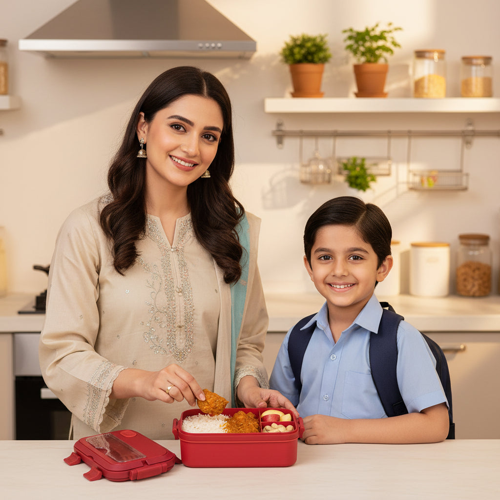 Pakistani mother packing school lunch in a premium Tavro dual compartment kids lunch box by LunchNSip before school.