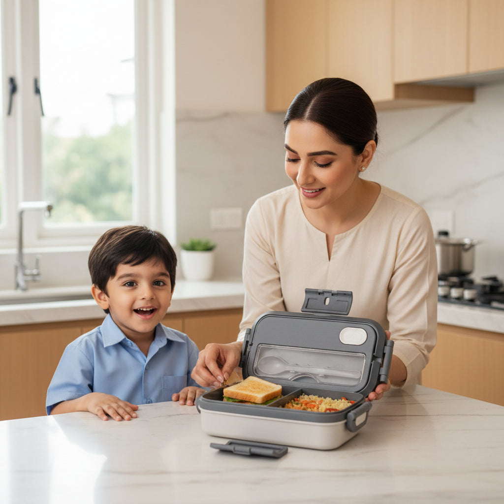 Pakistani mother packing school lunch in a premium Tavro single compartment kids lunch box by LunchNSip before school.
