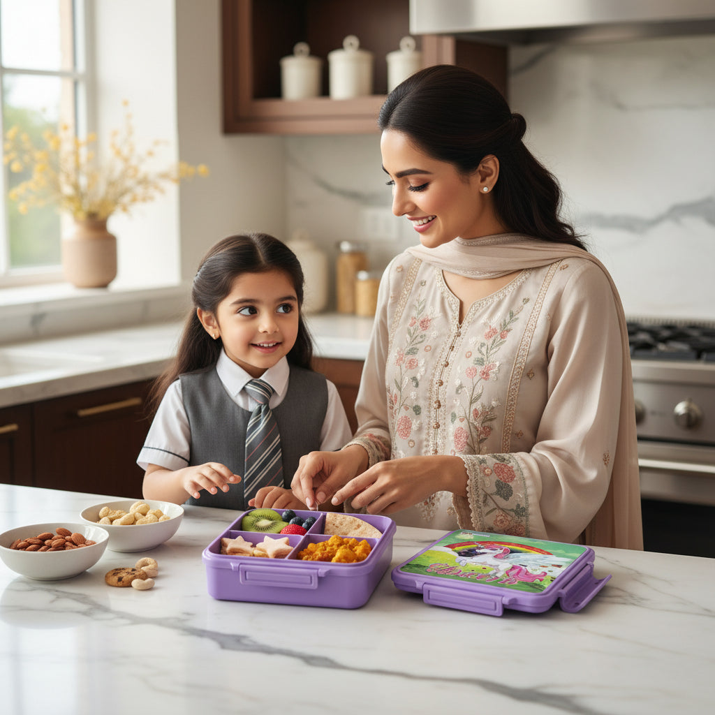 Pakistani mother packing healthy school lunch in a premium Unicorn 4 compartment bento kids lunch box by LunchNSip before school.