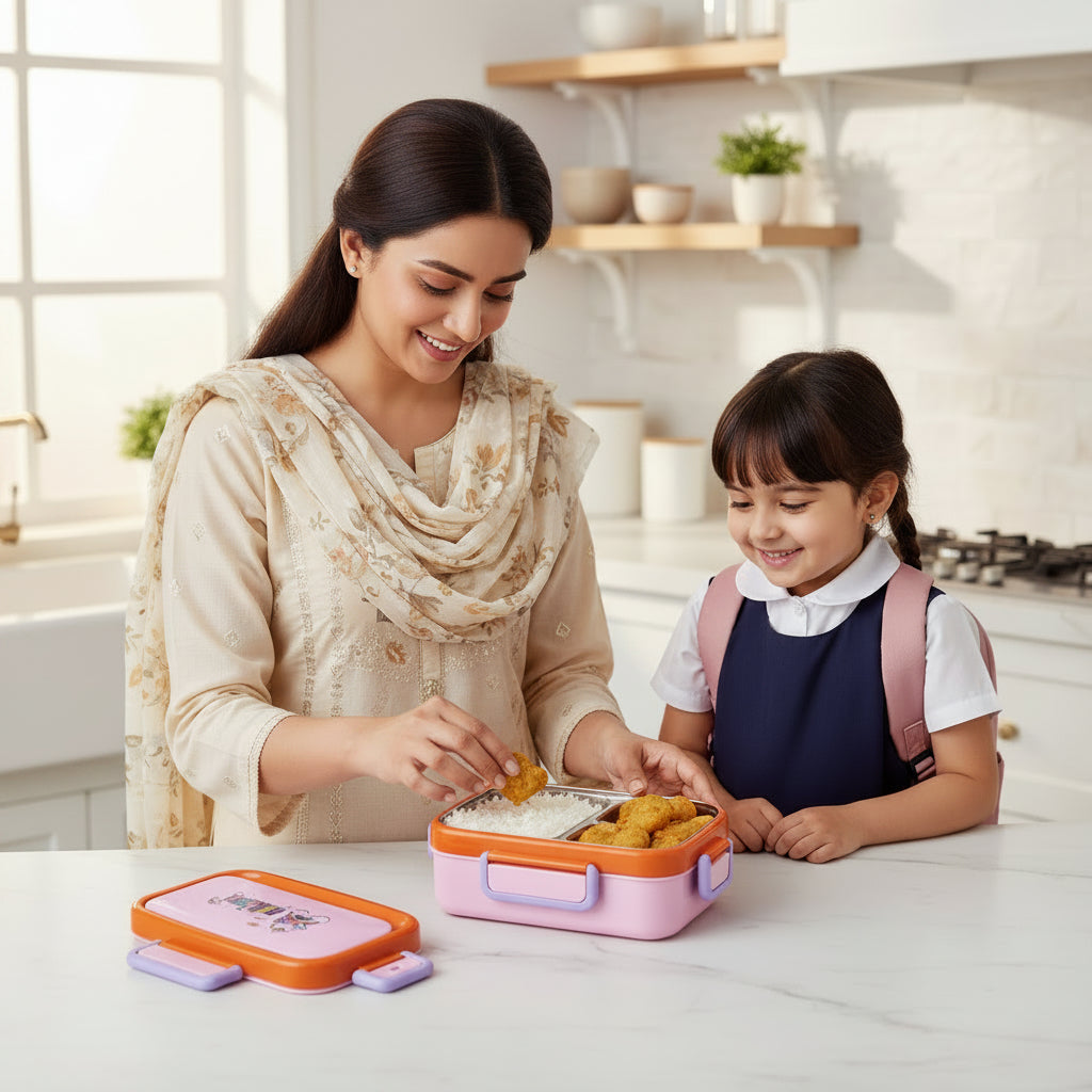 Pakistani mother packing school lunch in a premium Unicorn stainless steel inner 2 compartment kids lunch box by LunchNSip before school.
