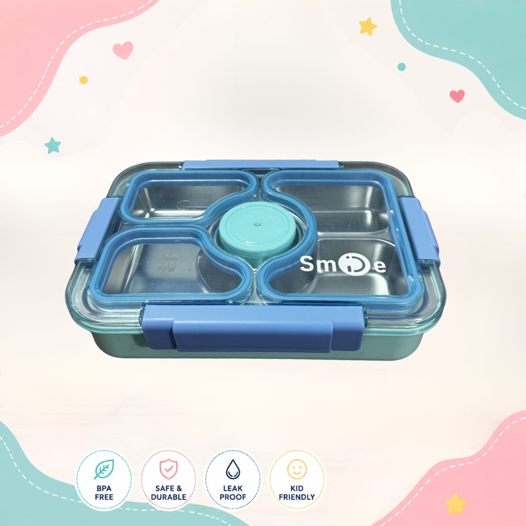 Front view of Smile Premium Steel 3 Compartment Insulated Lunch Box by LunchNSip