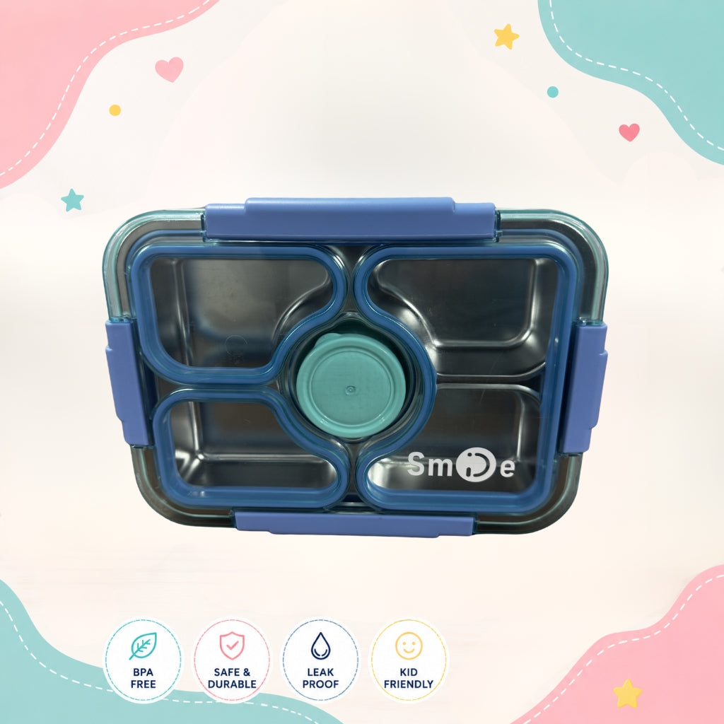 Top view of Smile insulated steel lunch box with 3 compartments by LunchNSip