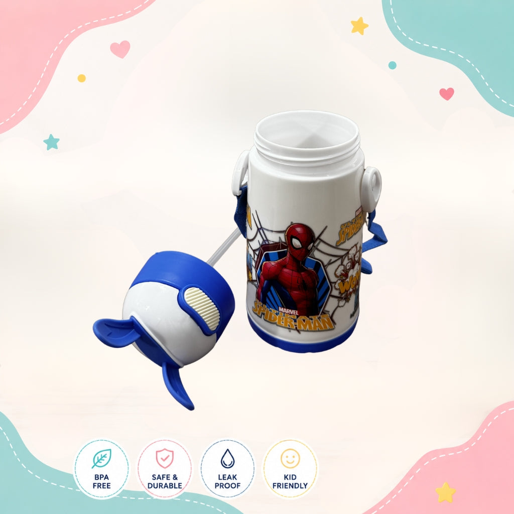Opened Spider Hero kids water bottle showing kid-friendly drinking design
