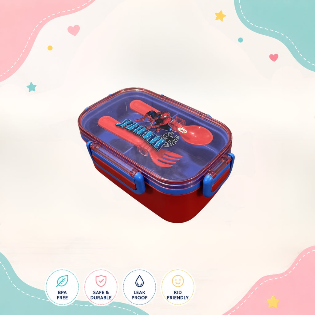 Spider Man themed kids lunch box left angle view durable 3 compartment food grade plastic tiffin box for school children