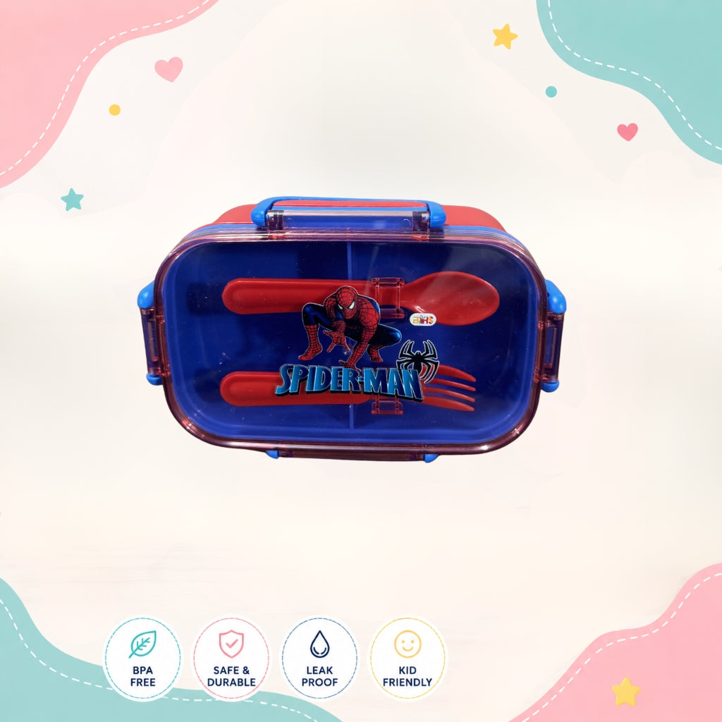 Spider Man kids lunch box front view 3 compartment food grade plastic school tiffin box for children with superhero design