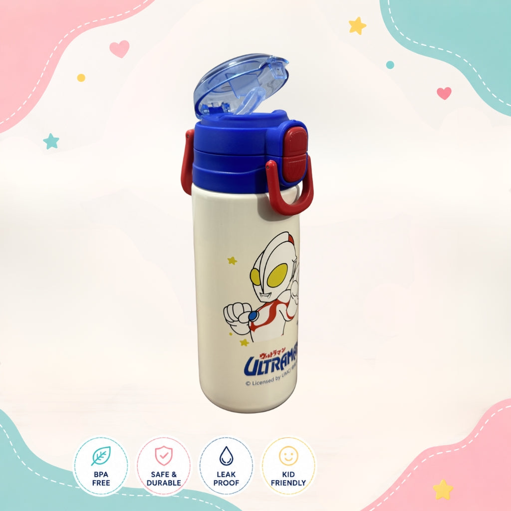 Opened Ultraman insulated stainless steel water bottle showing premium design