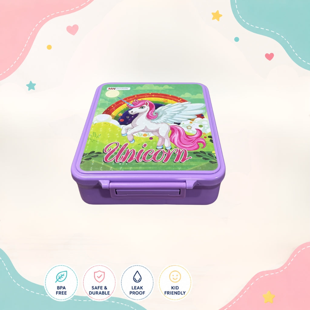 Unicorn kids bento lunch box front view 4 compartment food grade plastic school tiffin box for children
