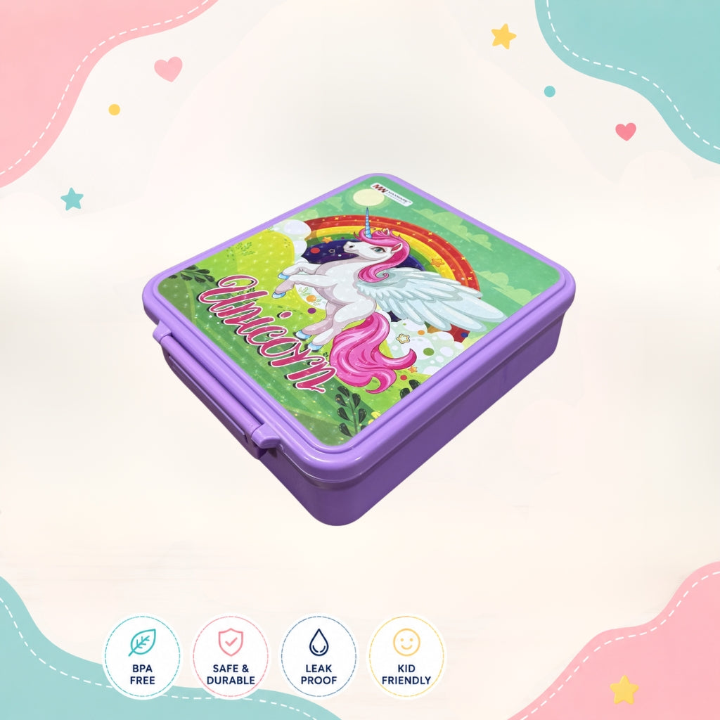 Unicorn themed lunch box right angle view BPA free food grade plastic 4 compartment school lunch container for children