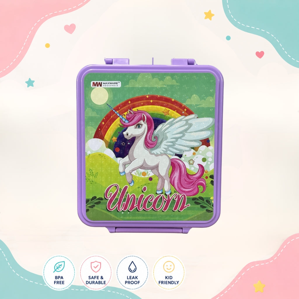 Unicorn kids bento lunch box top view showing 4 compartment food grade plastic school lunch box for kids